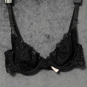 Luvlette Bra 75D Balconette Black Underwire Floral Mesh Lingerie Adjustable